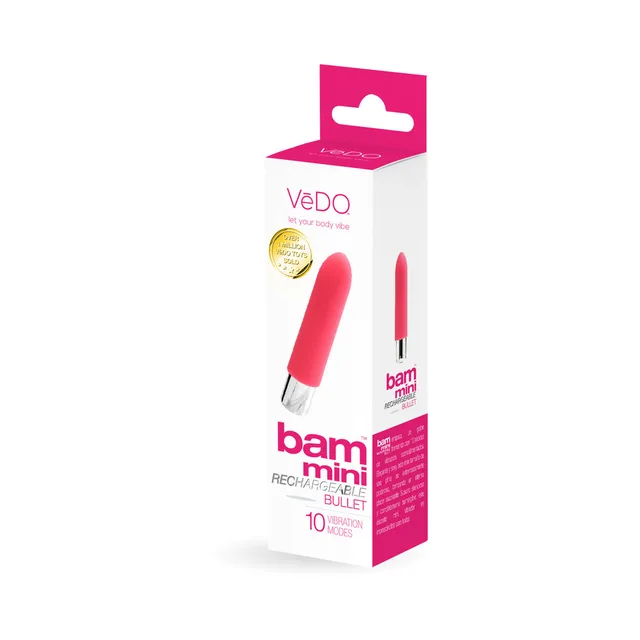 Foxy pink VeDO Bam Mini bullet vibrator with angled retail carton