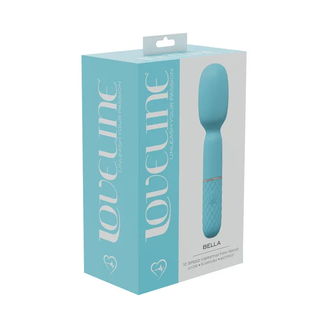 teal LoveLine Bella mini wand vibrator pictured on aqua box