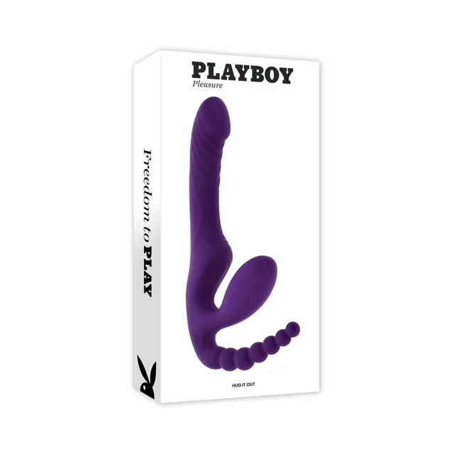 Playboy Hug It Out Acai purple wearable vibrator pictured on box