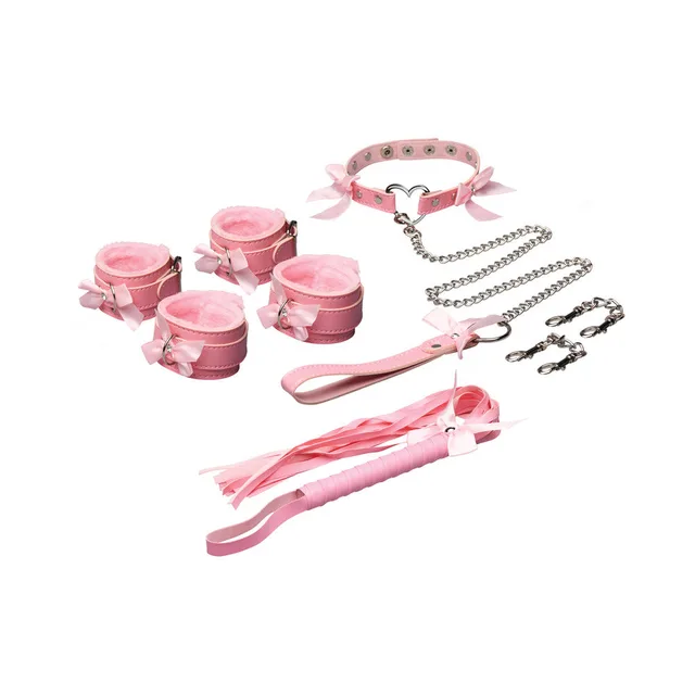 Light-pink Kawaii Bondage Set arranged with cuffs, collar and chains