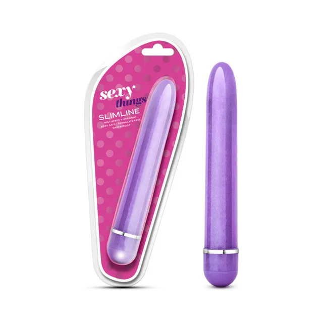 Sexy Things Slimline Purple vibrator beside pink retail package