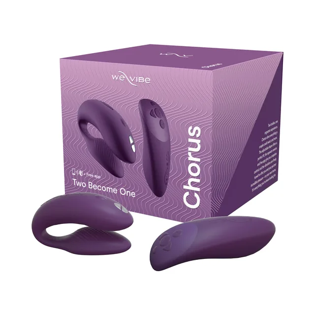 Purple We-Vibe Chorus vibrator and controller displayed with retail box