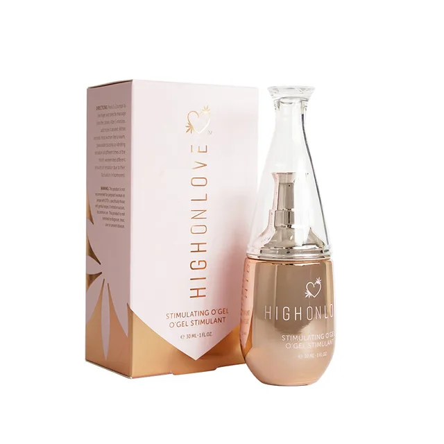 HighOnLove O Gel 1 oz rose-gold pump bottle beside matching carton