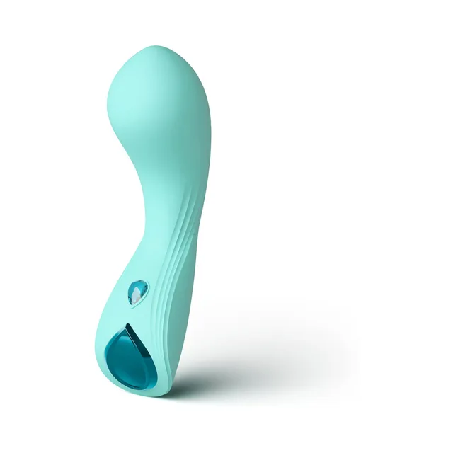Minnie's Wink aqua flexible curved vibrator upright side profile with broad rounded head and contoured center