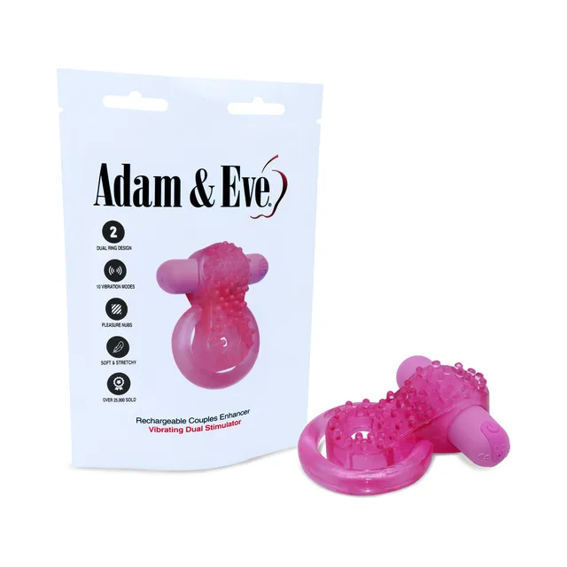 Adam & Eve hot-pink rechargeable couples enhancer ring beside flat front pouch with white brand panel