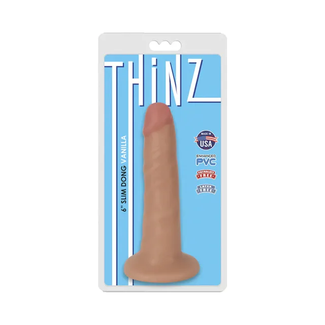 Curve Toys Thinz Beige 6-Inch Dildo in blue package