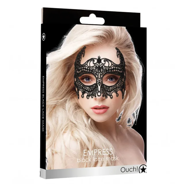 Shots Ouch Empress black ornate lace eye mask retail package