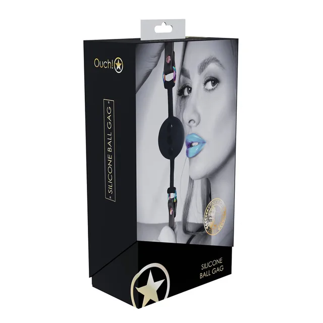 black perforated silicone ball gag with leather strap displayed on box