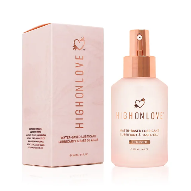 pale pink HighOnLove Hempseed 3.4 oz pump bottle beside matching retail box