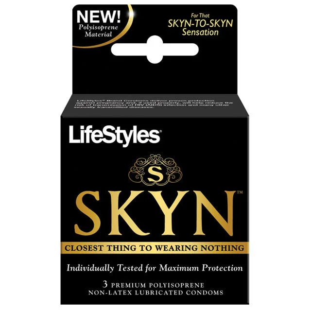 Black LifeStyles SKYN Original carton containing three non-latex polyisoprene condoms