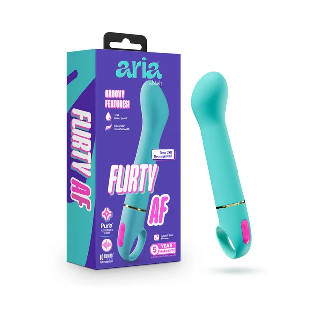 Teal Aria Flirty AF 2.0 vibrator beside turquoise retail box
