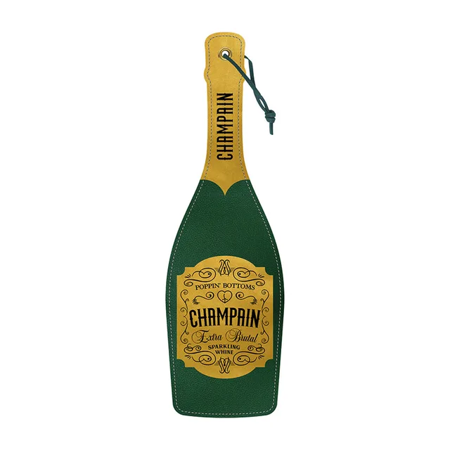 Wood Rocket Champain green champagne bottle paddle full front view with gold label and wrist cord