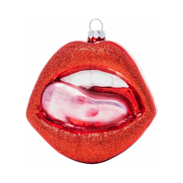 Red glitter Hot Lips glass ornament with white teeth and pink tongue