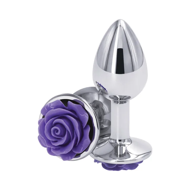 Silver aluminum plug with sculpted purple rose base