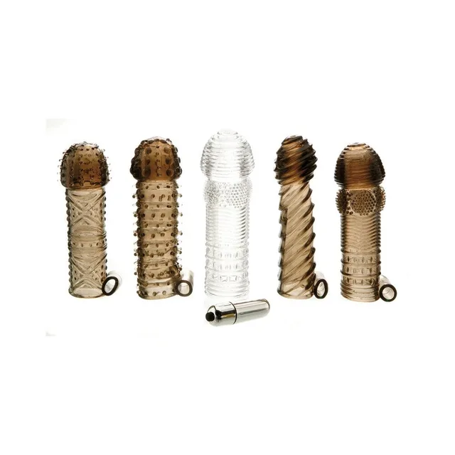 Adam & Eve five-sleeve vibrating texture kit five assorted sleeves standing together