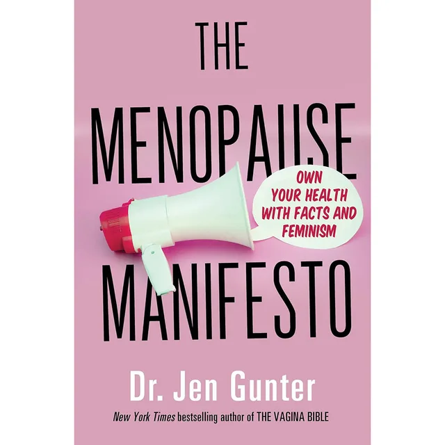 pink Menopause Manifesto paperback with illustrated tampon and black title