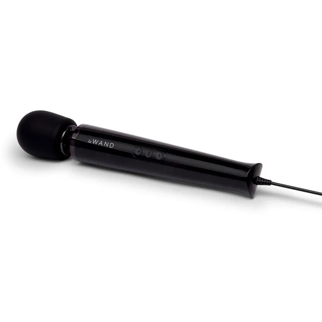 angled black Le Wand corded massager with rounded silicone head