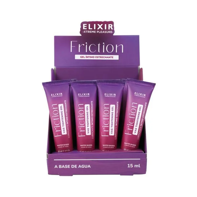 Elixir Friction Tightening Intimate Gel 0.5 oz 12-pack twelve pump tubes in purple counter display