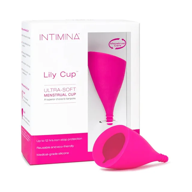 Bright pink INTIMINA Lily Cup Size B with long stem beside retail box