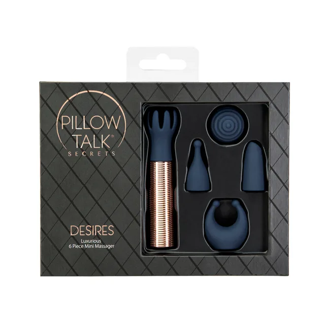 BMS Pillow Talk Desires navy six-piece mini massager set open presentation box with six components