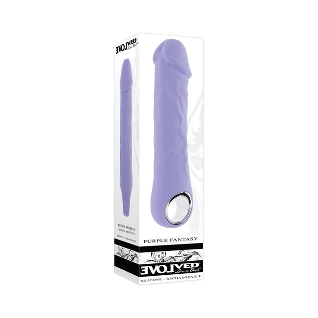 Evolved Purple Fantasy vibrator displayed in tall white retail box