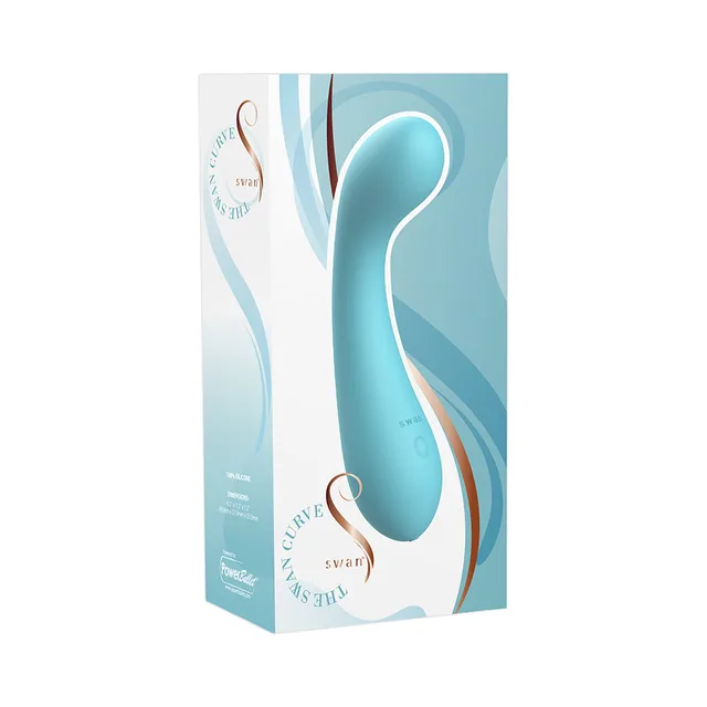 BMS The Swan Curve 6.5-inch teal vibrator inside a tall blue and white retail box