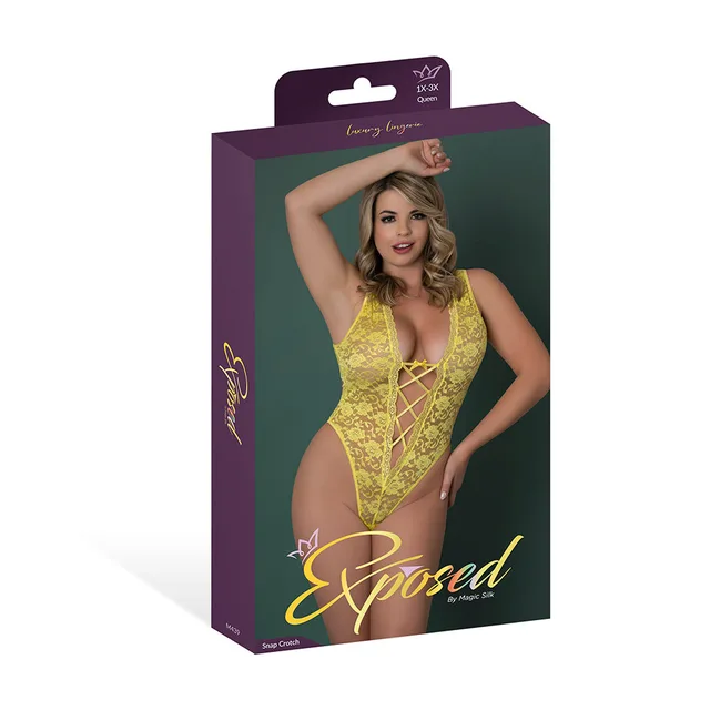 Magic Silk Daffodil Dreams yellow lace teddy size Queen displayed in purple retail packaging