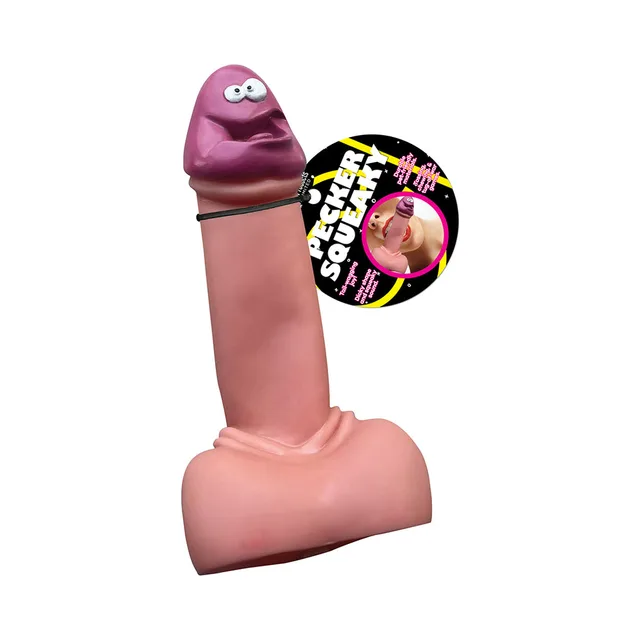 Pink Pecker Squeaky Toy with purple cartoon head and black tag