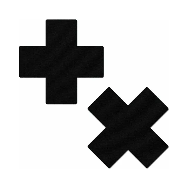solid black Pastease pasties with upright and diagonal cross shapes
