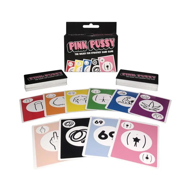 Colorful illustrated Pink Pussy cards spread beside box