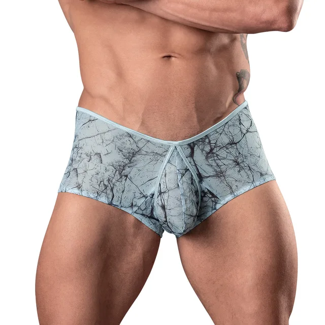 Male Power size S silver-blue marble mesh micro mini short front view worn by model