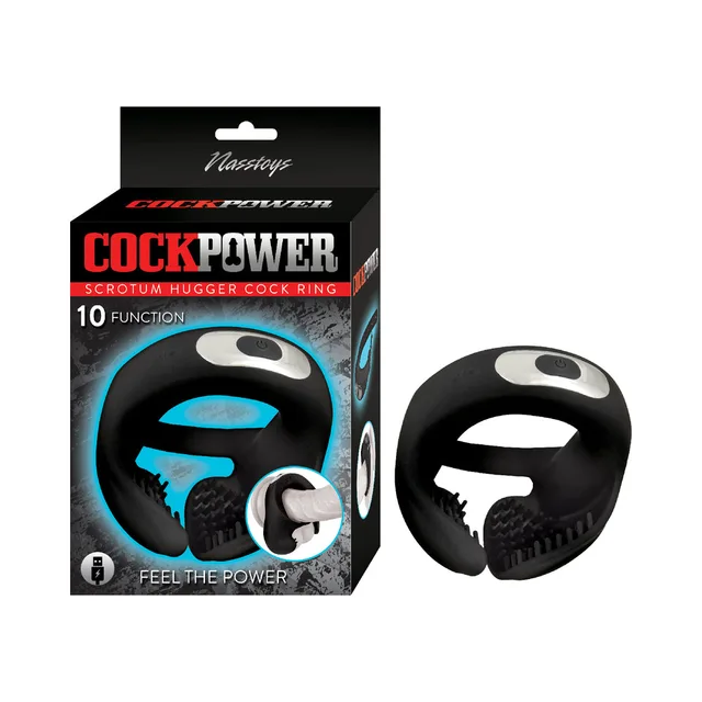 black Cockpower Scrotum Hugger ring with broad opening and ribbed lower cradle beside box