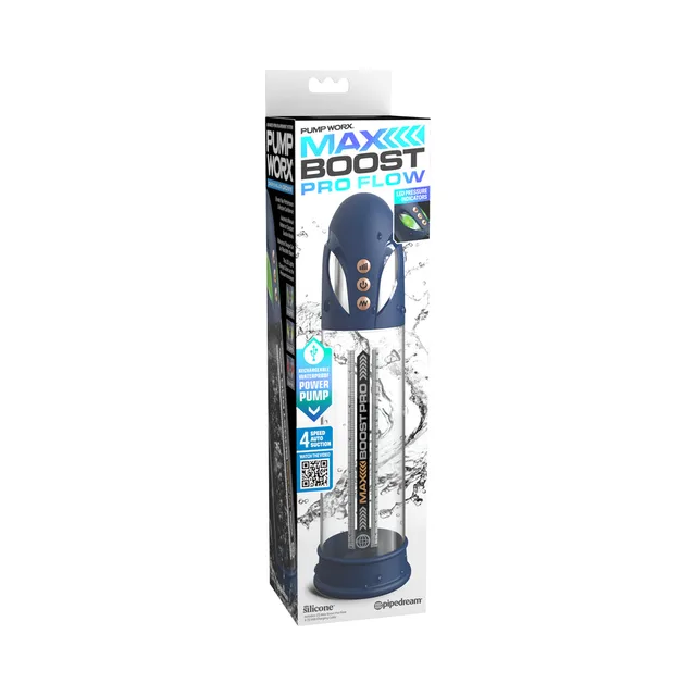 clear Pump Worx Max Boost Pro Flow cylinder with blue base inside a tall white retail box