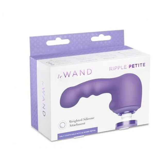 Le Wand Petite Ripple attachment purple curved three-wave form inside white-and-lilac retail box