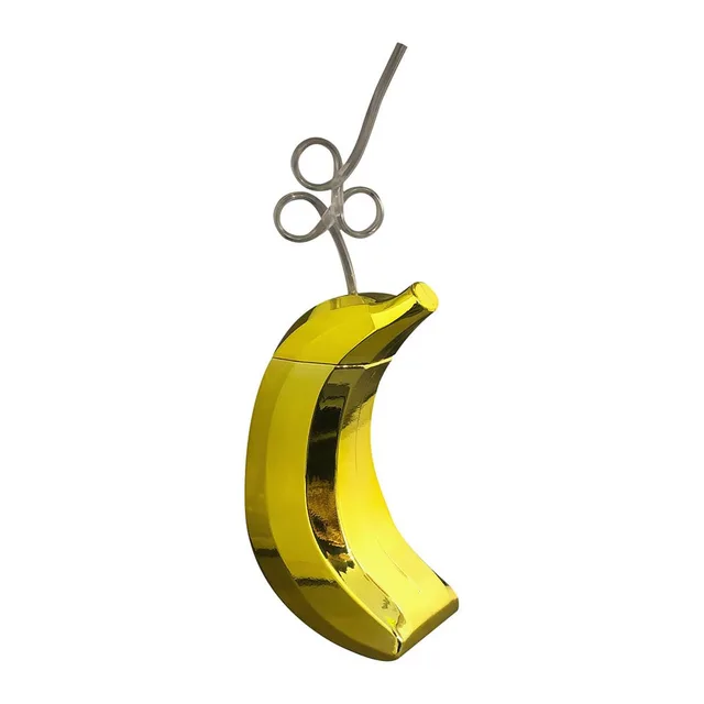 reflective gold banana-shaped cup hanging from curved drinking straw