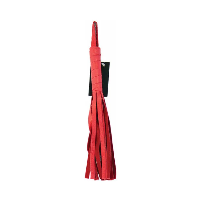 12-inch red leather flogger with wrapped handle, loop and narrow tails