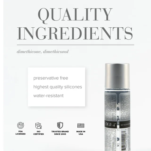 Small System JO Premium bottle beside dimethicone ingredient graphic