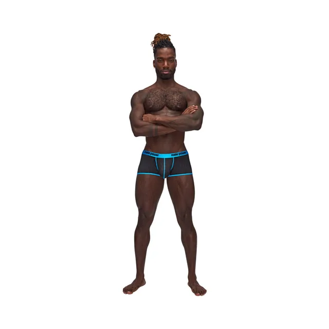 Full front view of model wearing black and turquoise Casanova Uplift Mini Short underwear