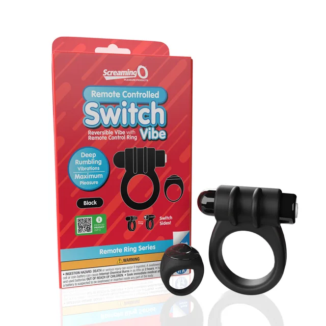 black Screaming O Switch vibrating ring with remote beside red package