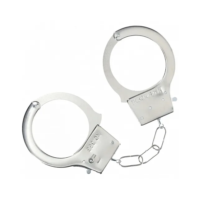Ouch Classic silver iron handcuffs with round arms and three-link chain