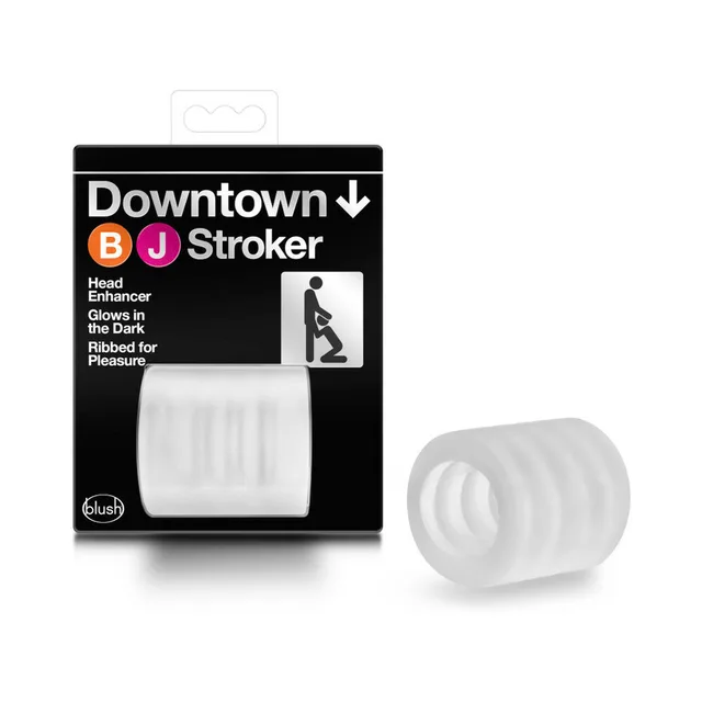 Blush X5 Downtown Clear TPE Stroker beside black white retail carton