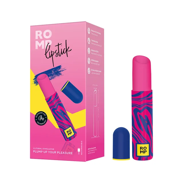 pink ROMP Lipstick stimulator with patterned handle and navy cap beside bright box