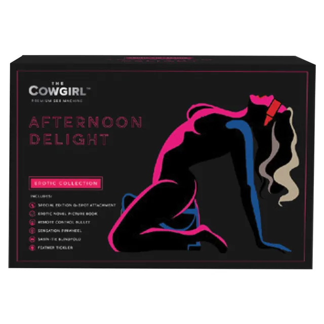 Cowgirl Afternoon Delight collection wide black retail box with neon rider silhouette and magenta lettering