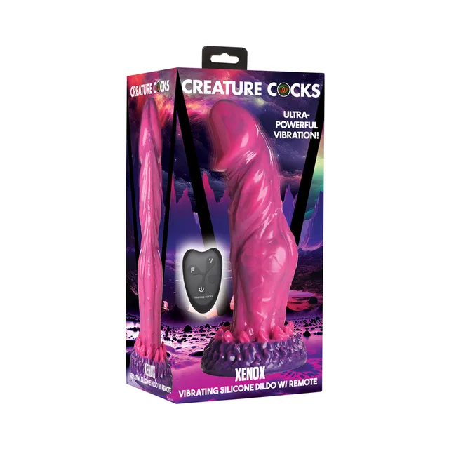 pink and purple Xenox vibrating alien dildo with black remote on box