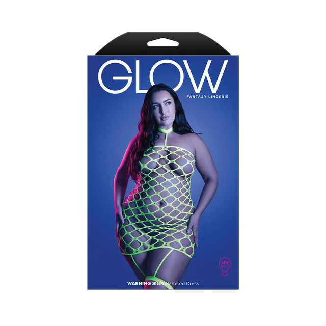 Fantasy Lingerie Glow Warning Sign Gartered Dress Rhinestone Fence Net Queen Size