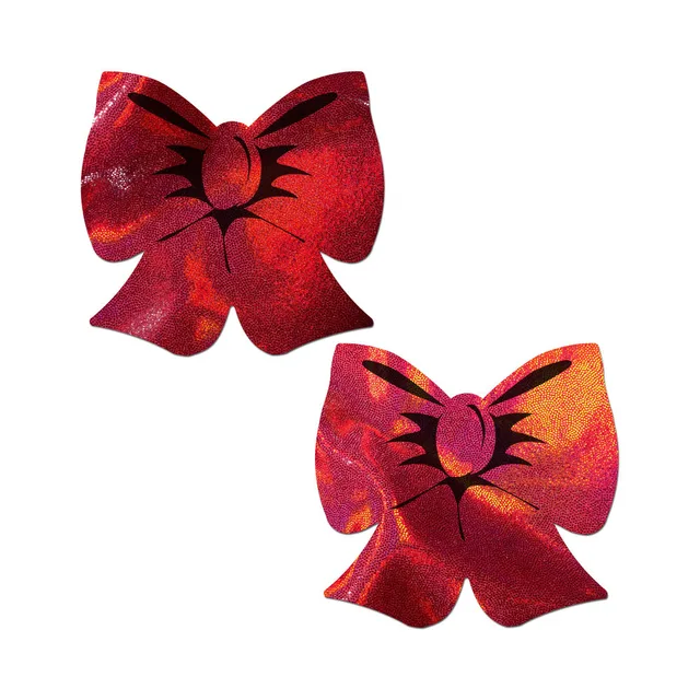 pair of red holographic bow-shaped breast covers with black ribbon details