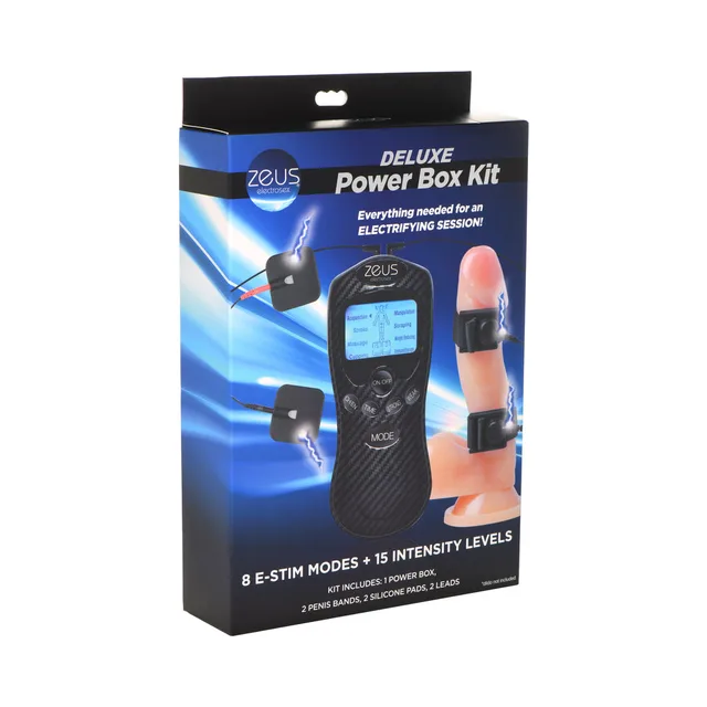 Zeus Electrosex Power Box kit with black screen controller on blue box