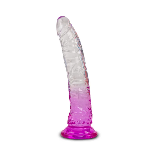 Camtoyz Elara clear and purple dildo upright view of curved transparent shaft