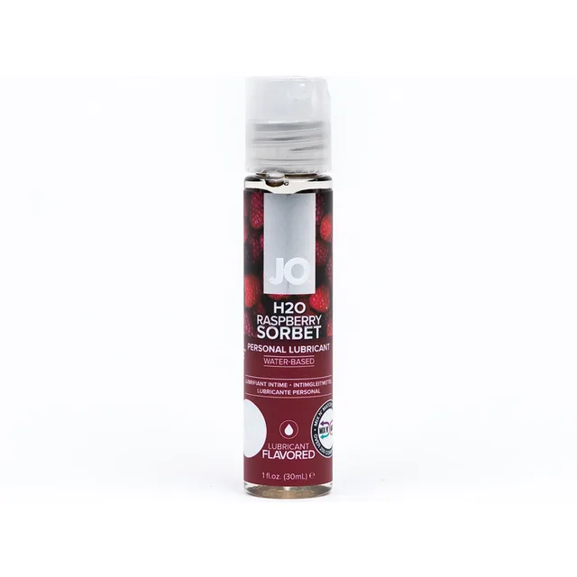 Front view of 1 oz JO H2O Raspberry Sorbet bottle with silver cap and red label