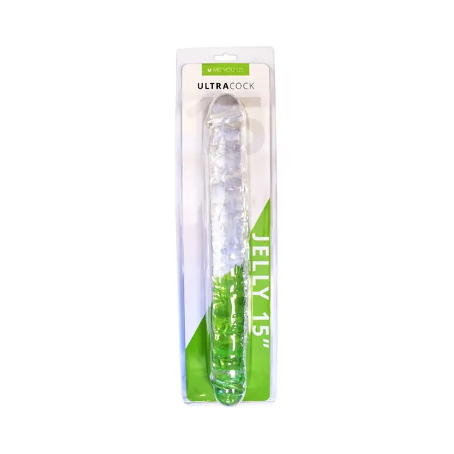 Me You Us Ultra Cock 15-inch clear double-ended dildo pack